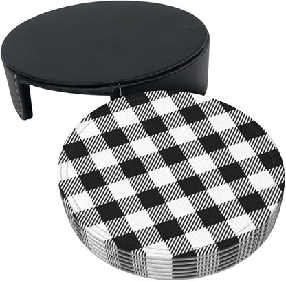 6 Pcs Black and White Buffalo Check Plaids Leather Coasters - Image 4
