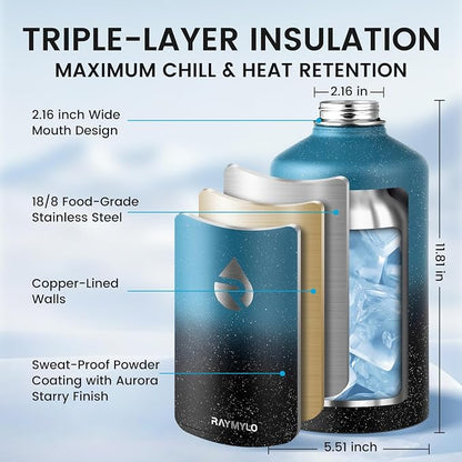 RAYMYLO One Gallon Water Bottle Insulated 128 oz, Stainless Steel | Triple - Image 4