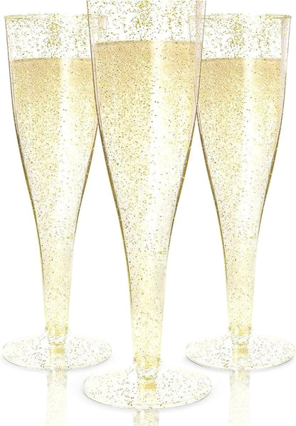 Prestee 24 Plastic Champagne Flutes - Gold Champagne Flutes Plastic - Gold Disposable Mimosa Flute - Party Supplies - Disposable Cocktail Glasses - Mimosa Bar, Wedding, Shower Party