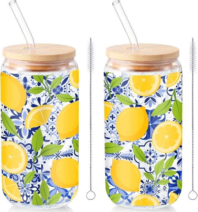 Sliner 2 Pcs Amalfi Lemon Glass Tumblers Capri Lemon Cups Drinkware 16 oz by Sliner