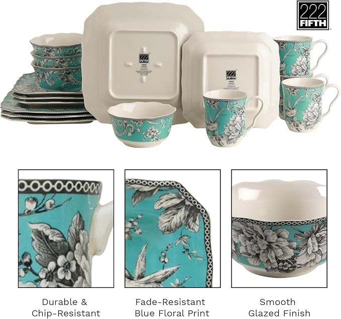 222 Fifth Adelaide Turquoise 16-Piece Porcelain Dinnerware Set | Microwave and - Image 5
