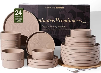 Stoneware Dinnerware Sets for 8, Plates and Bowls, Chip & Scratch Resistant by FamiwarePremium