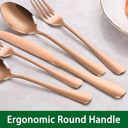 Rose Gold 24 PCS Flatware Sets With Steak Knives Service For 4 Person,Copper Eating Untensils Set For Kitchen,Silverware Set Includes Knife Spoon And Fork Set