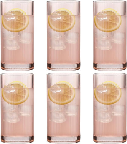Physkoa Peach Ribbed Drinking Glasses Set of 6 – Vintage Embossed Highball by Physkoa