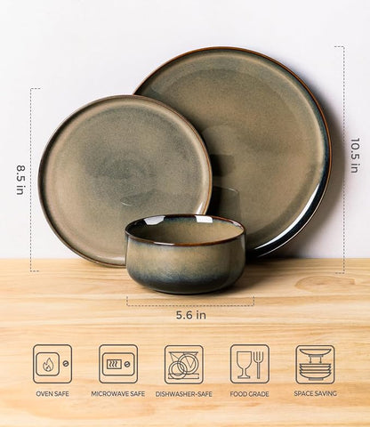 Ceramic Dinnerware Set for 4, 12-Piece Plates and Bowls Set | Handmade Reactive - Image 2