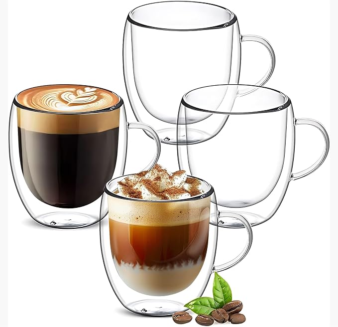 YMMIND Set of 4 Double Walled Glass Coffee Mugs 3 Ounces Insulated Layer Coffee by YMMIND