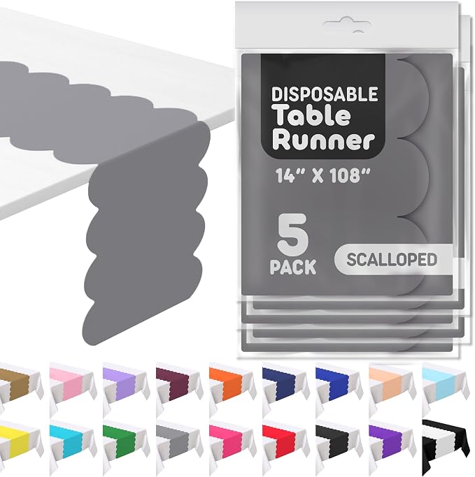 Silver Grey Scallop Table Runner, Disposable Plastic, 5 Pk by Swanoo