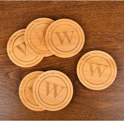 Personalized Bamboo Coasters, Custom Engraved Monogram Coasters with Holder, Great Gifts for Relatives, Friends or Yourself (Set of 4)