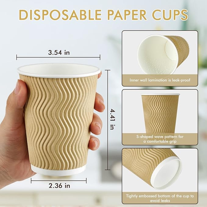 80 Count 12 oz Coffee Cups, Insulated Ripple Wall Paper Hot Cups, Leak-Proof - Image 3