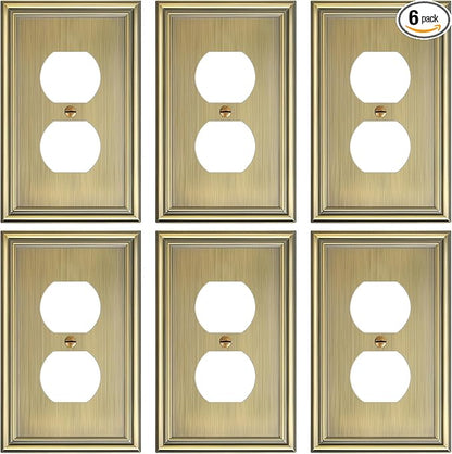 6-Pack Single Duplex Outlet Cover Plate, Decorative Antique Brass Switch Plates and Outlet Covers, Metal Wall Plates for Electrical Outlets, 1 Gang Receptacle Cover, Corrosion Resistant