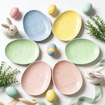 Havawish 4 Pack Easter Pastel Ceramic Dessert Plates 7 Inch Egg Accent Plates for Easter Parties Appetizer Salad Snacks Family Meals Spring Kitchen Table Decor