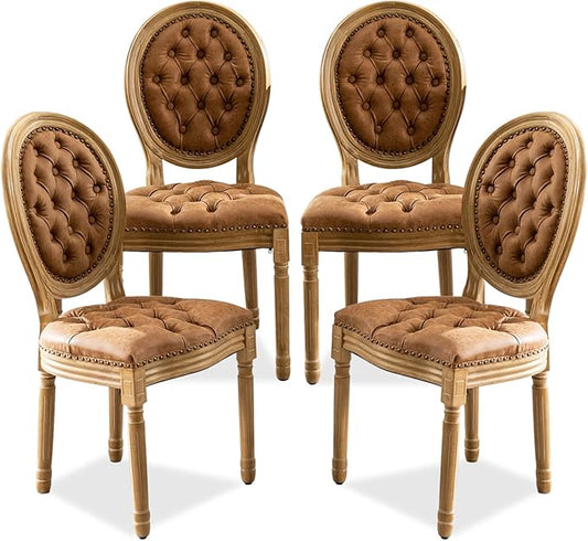 SoarFlash French Dining Chairs Set of 4, Vantage Dining Chair with Round Back, Farmhouse Country PU Leather Dining Chair for Kitchen,Bedroom,Orange
