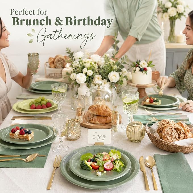 Sage Green and Beige Party Supplies, Disposable Dinner Plates, Dessert Plates - Image 5