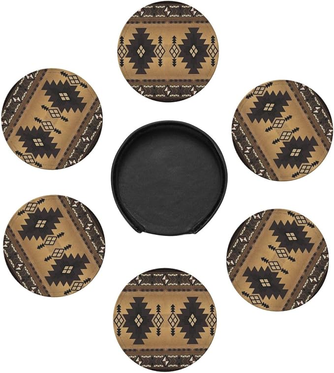 6 Pcs Brown Western Southwest Modern Geometric Abstract Art Leather Coasters - Image 7