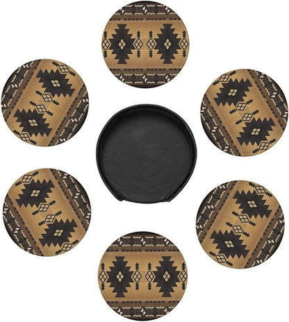 6 Pcs Brown Western Southwest Modern Geometric Abstract Art Leather Coasters - Image 7