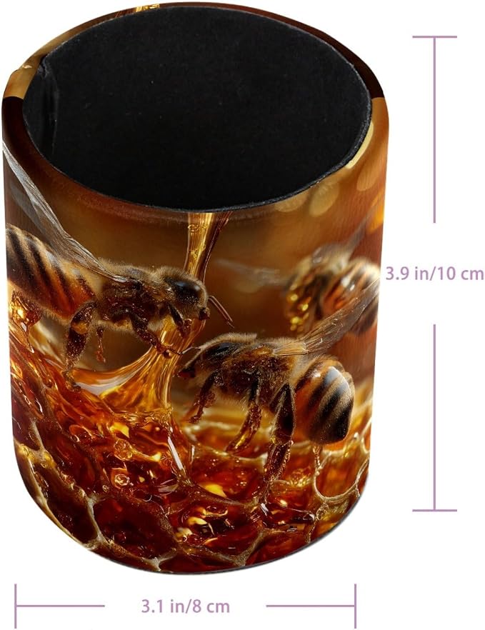 Leather Pen Holder for Desk, Bee Hive Pencil Cup Pen Organizer Makeup Brush - Image 3