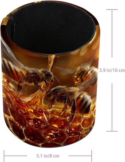 Leather Pen Holder for Desk, Bee Hive Pencil Cup Pen Organizer Makeup Brush - Image 3