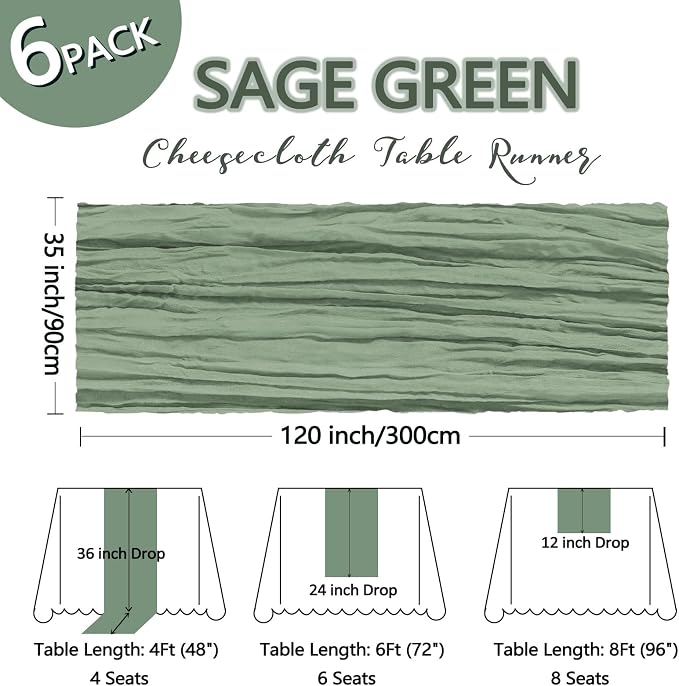 6 Pack Sage Green Cheesecloth Table Runner 10Ft Gauze Cheese Cloth Table Runner - Image 2