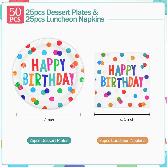 50PCS Birthday Plates and Napkins Party Decorations, 7inch Colorful Dots Happy - Image 3