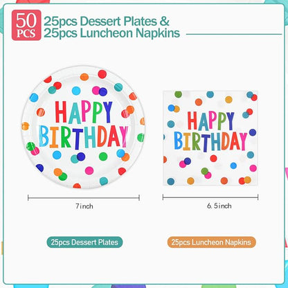 50PCS Birthday Plates and Napkins Party Decorations, 7inch Colorful Dots Happy - Image 3