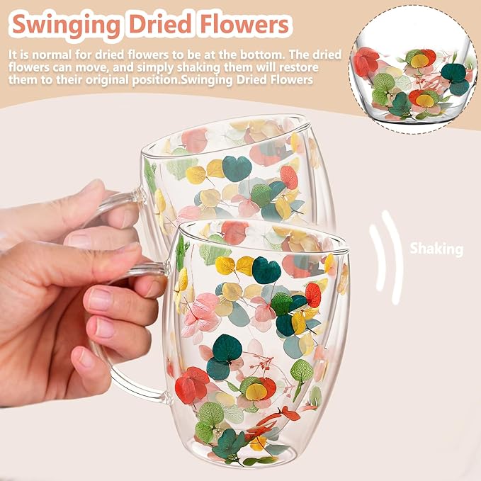 Gifts for Women Dried Flowers Double Wall Glass Coffee Mugs Cute Glass Tea Cups - Image 4