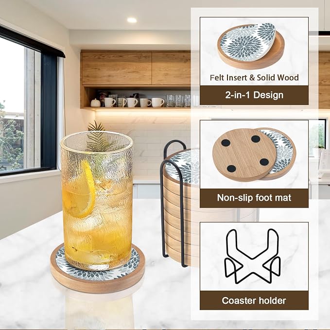 Wood Coasters Set of 8 with Holder, Cewiru Cup Mat - Image 5