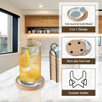 Wood Coasters Set of 8 with Holder, Cewiru Cup Mat - Image 5