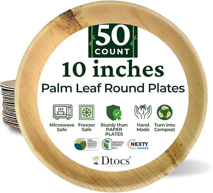 Dtocs Palm Leaf Plates 10 Inch Round (50) | Bamboo Plates Disposable Like Compostable Dinnerware Set for Party, Dinner, Serving Platters, Charcuterie Boards | Alternate to Plastic, Wood, Paper Plate