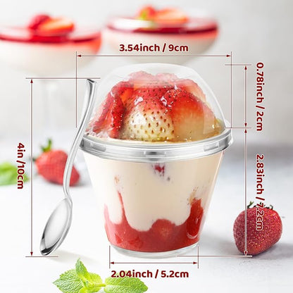 Jinei 50 Sets 9 oz Silver Plastic Dessert Cups with Dome Lids Spoons Rimmed Clear Disposable Plastic Fruit Cups with Lids for Yogurt Parfait Pudding Cupcake Ice Cream Party Wedding Reception