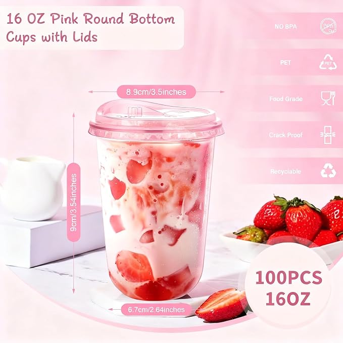 KesaPlan 100 Pack 16 oz Pink Round Bottom Plastic Party Cups - Image 2