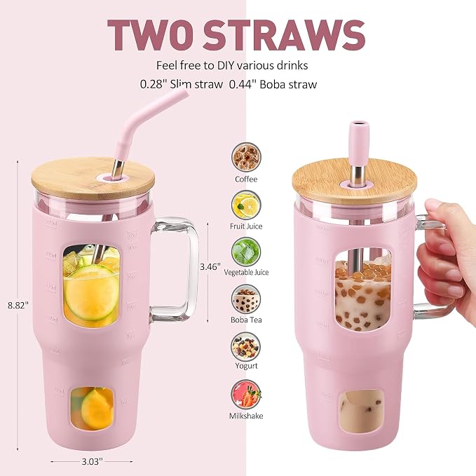 WINSA Glass Tumbler with Straw and Lid, 32 oz Glass Cup with Handle, Glass - Image 4
