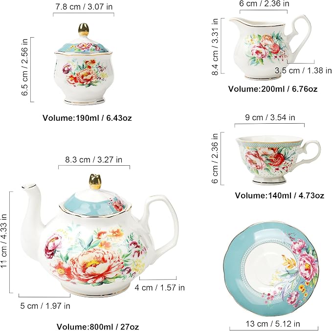 fanquare 21-Piece Green and Floral Porcelain Tea Set, Vintage Ceramic Tea Cup - Image 6