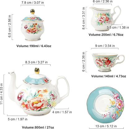 fanquare 21-Piece Green and Floral Porcelain Tea Set, Vintage Ceramic Tea Cup - Image 6