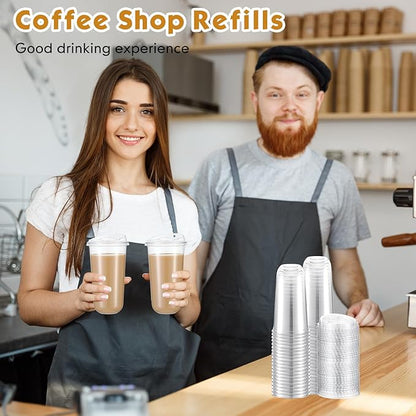Baderke 50 Pcs Plastic Cups with Sip Lids Round Bottom Disposable Plastic Coffee Cups with Lids Clear Strawless Crystal Mugs for Iced Coffee Smoothie Cold Beverage Party Catering Supplies (20 oz)