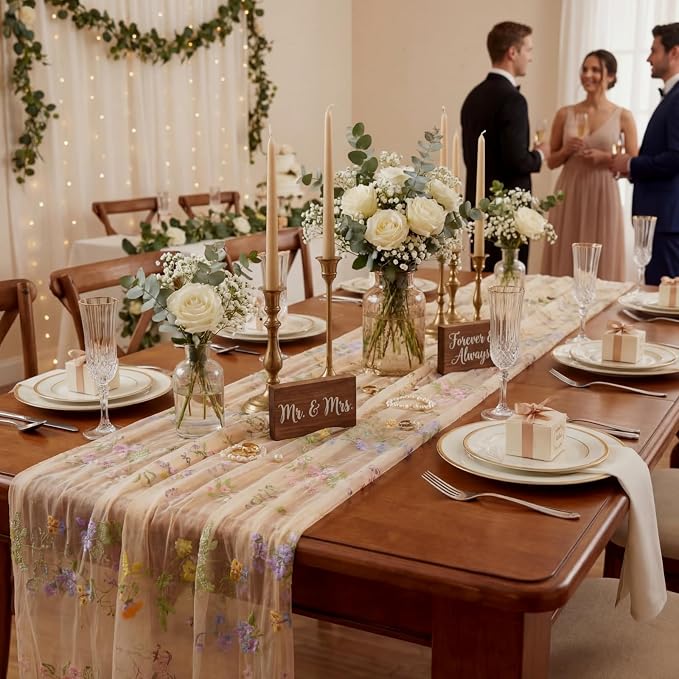Champagne Floral Table Runner 10ft Embroidery Tulle Spring Wildflower Gauze - Image 7