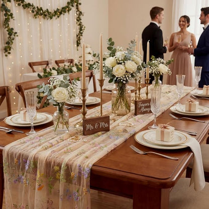 Champagne Floral Table Runner 10ft Embroidery Tulle Spring Wildflower Gauze - Image 7