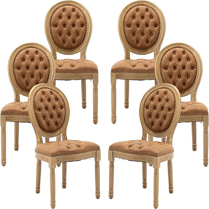 Vintage French Dining Chairs Set of 6, Round Back PU Leather Upholstered Accent Chairs with Nailhead Trim and Solid Wood Frame, Farmhouse Sillas de Comedor for Dining Room & Kitchen, Whiskey Brown