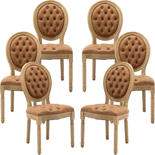 Vintage French Dining Chairs Set of 6, Round Back PU Leather Upholstered Accent Chairs with Nailhead Trim and Solid Wood Frame, Farmhouse Sillas de Comedor for Dining Room & Kitchen, Whiskey Brown