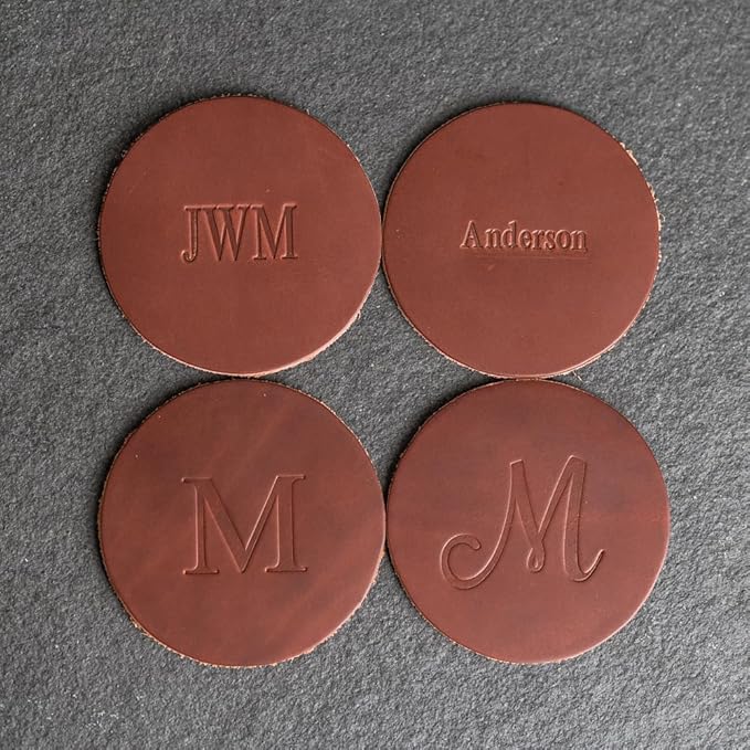 Ox & Pine Personalized Leather Coaster - Sold Individually or in Sets of 4 - Customize Inscription - 100% Full-Grain Leather – 4" Round or 4" Square (Round, Black, 1 Individual Coaster)