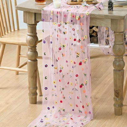 Artoid Mode Pink Embroidery Daisy Gauze Table Runner 59x120 Inch 10FT | - Image 4