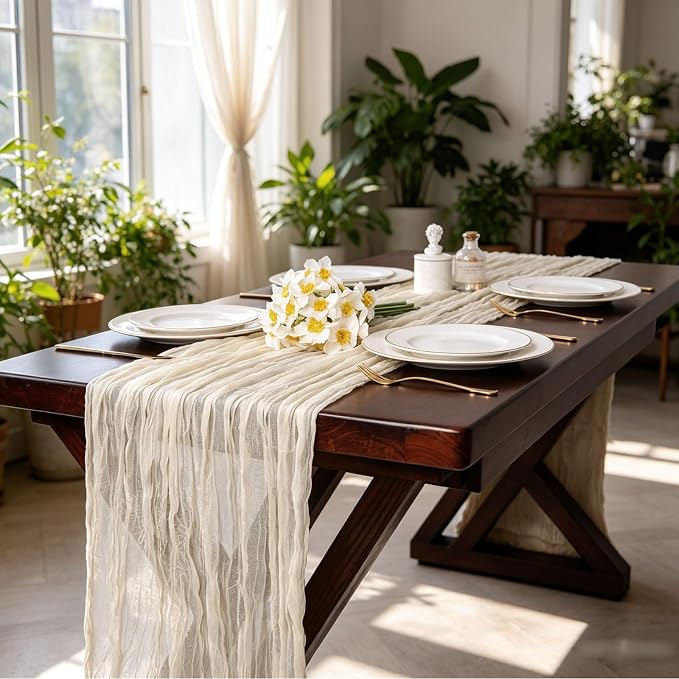 13.3FT Beige Cheesecloth Table Runner Easter Spring Boho Gauze Table Runner - Image 6