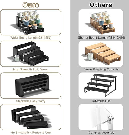 2 Set Large Black Wooden Tiered Riser Display Stands for Vendor Events,Stackable Wooden Cupcake Stand,Farmhouse Decor Wood Dessert Table Display Set,Vendor Booth Display Items,Food Display Risers for Party（12-11.2-10.4-9.6IN）