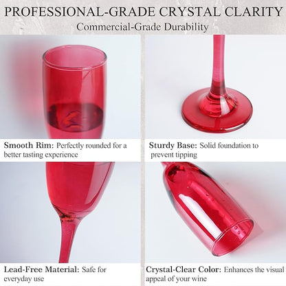 Champagne Flutes Glasses Set of 6-6oz Multi Colored Glass, Unique Colorful Long Stem Champagne Flute Gift for Wedding, Anniversaries, Parties, Birthday, Restaurant, Home Bar