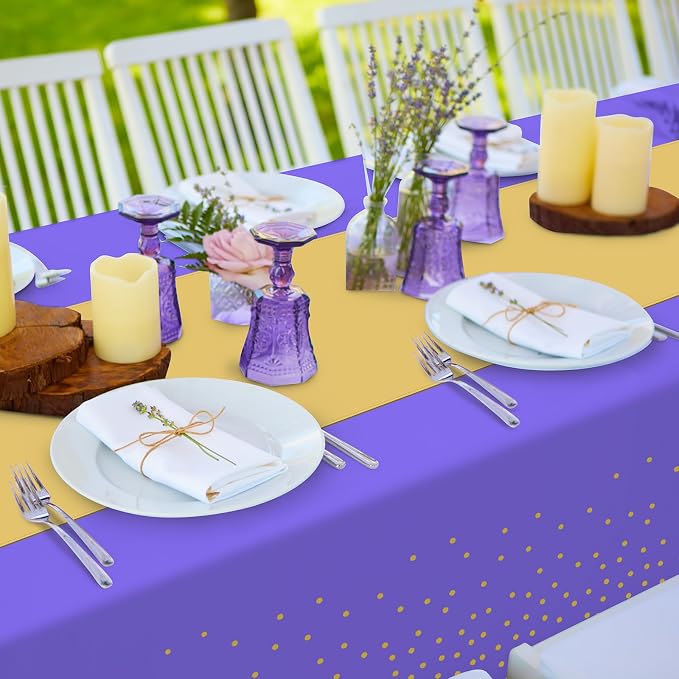 8Pack Disposable Plastic Tablecloths and Satin Table Runner Set Purple and Gold - Image 4