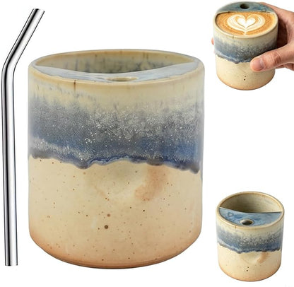 18oz Ceramic Coffee Mug with Sip Hole, Handleless Tumbler in a Vintage Kiln by Unknown