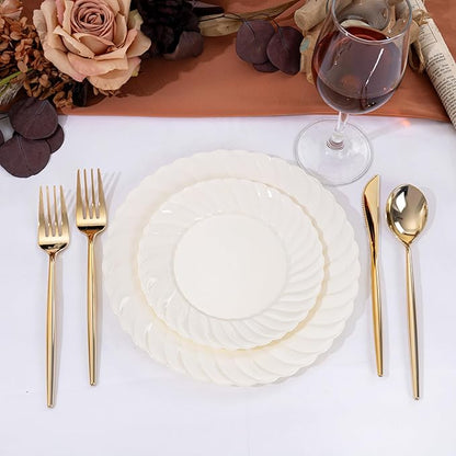 U-QE 100 Count 9 Inch Ivory Plastic Plates for Valentine's Day - Scalloped Disposable Dinner Plates - Premium Hard Fancy Disposable Heavy Duty Party Supplies for Celebrations, and Events