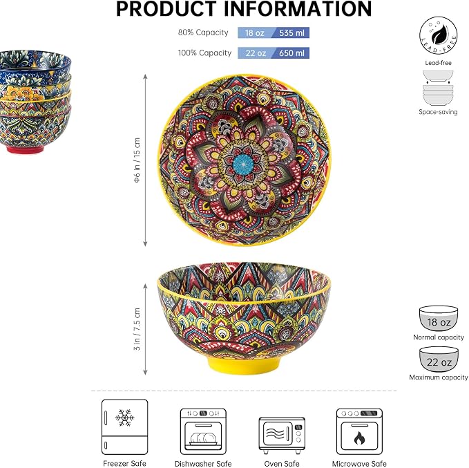 Henten Home Ceramic Soup Bowls Set of 6, Bohemia 22 oz Cereal Bowls Set - Image 2