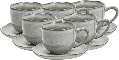 Organic Shape Highland Ceramic Coffee Cup and Saucer, 6pcs 8oz Handmade Reactive Glaze Saucer Sets with Wavy Edge, for Kitchen, Microwave & Dishwasher Safe, Scratch Resistant-grey