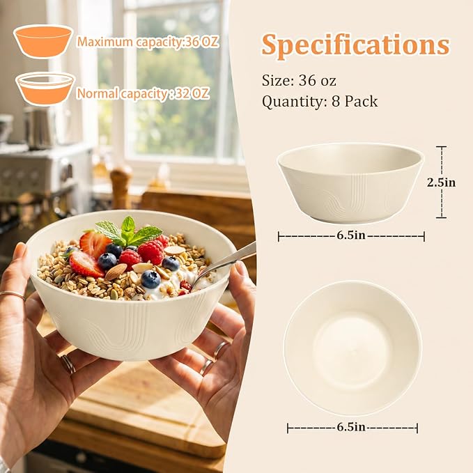 PYRMONT Large Bowls Wheat Straw Bowls 36 Oz Unbreakable Salad Bowls Microwave & - Image 2