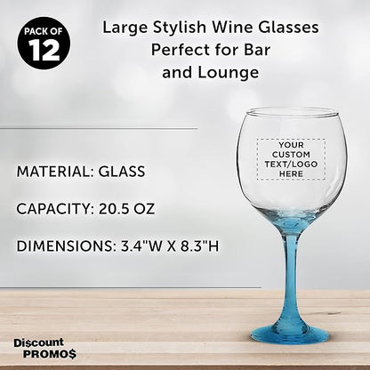 Custom Premiere Wedding Wine Glasses 20.5 oz Set of 12, Personalized Bulk Pack - Restaurant Glassware, Perfect for Red Wine or White Wine - Blue